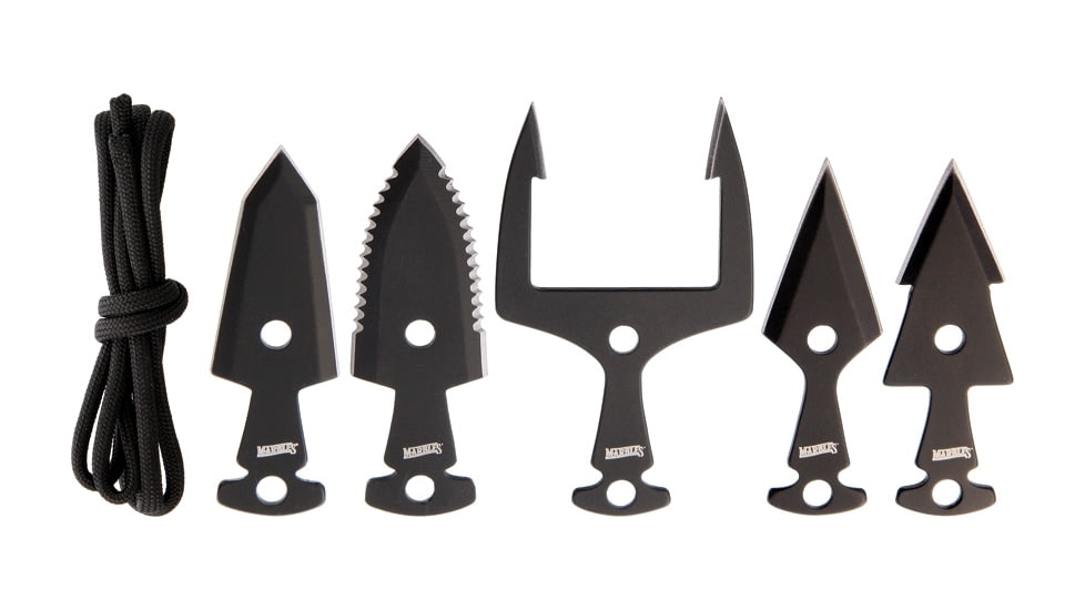Marbles Tactical Arrowhead Set Knife, 5 Piece Set, Black SS Construction, Comes With Starter Length Black Paracord, MR377 / CT3046