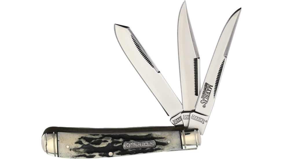 Marbles Three Blade Serpentine Folder Folding Knife, Mirror finish stainless clip, long clip, and spey , Black stag bone handle, KB313 / MR481