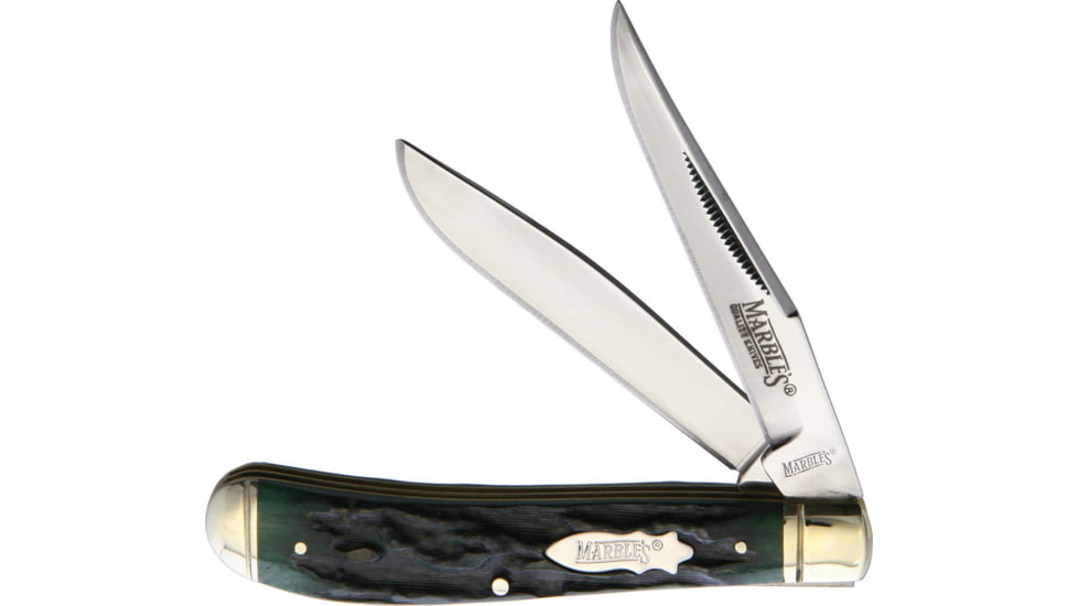 Marbles Trapper Green Stag Bone Folding Knife, Mirror finish stainless clip and spey blades, Green stag bone handle, KB234 GREEN STAG BONE