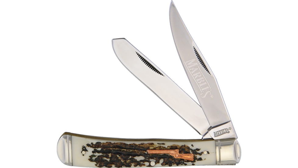 Marbles Trapper Imitation Stag Folding Knife, SS Clip/ Spey Blades, Imitation Stag Handle, KB201/ MR414 #61 SHIELD