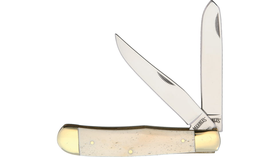 Marbles Trapper White Smooth Bone Folding Knife, Mirror finish stainless clip and spey blades, White smooth bone handle, PK108WH