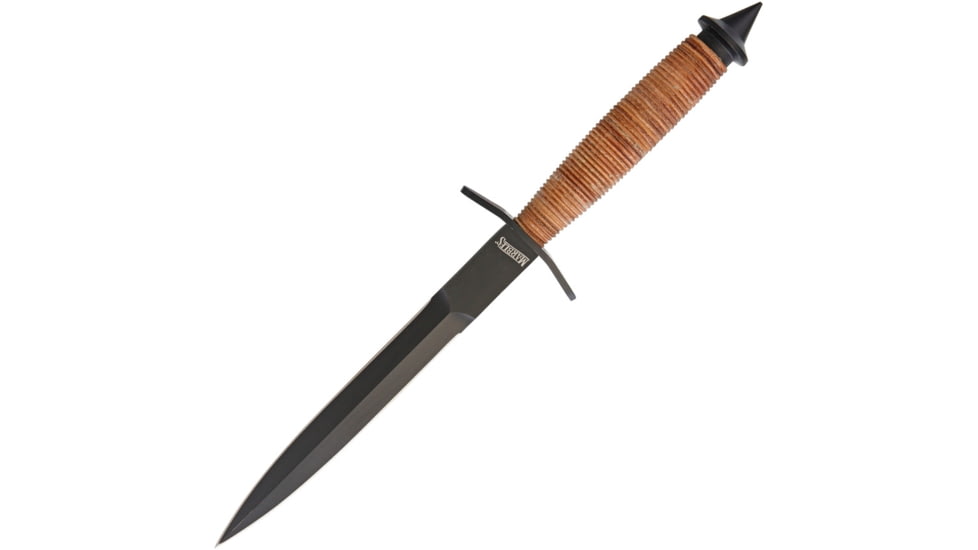 Marbles V-42 Dagger Knife, 12.5in Overall, 7.25in Black Double Edge 440 SS Dagger Blade, Stacked Leather Handle, Brown Leather Sheath, EM2098006