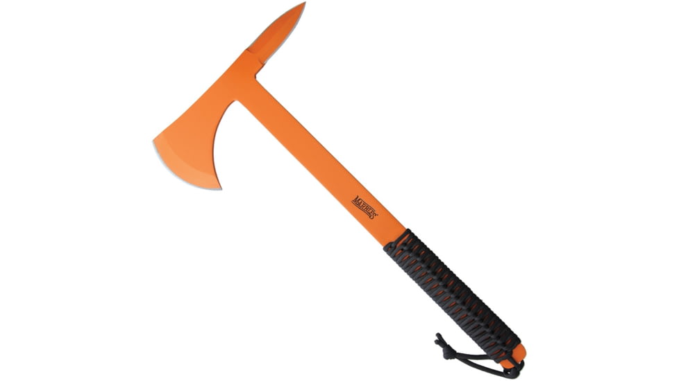 Marbles X-1 Tactical Tomahawk, 15in Overall, 3.38in Cutting Edge, 8in Axe Head, Spear Point Spike End, Orange Finish SS Construction With Black Cord Wrapped Handle, Black Nylon Sheath, Black, MR424