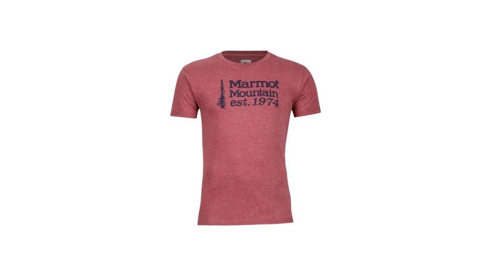 Marmot 74 Short Sleeve Mens Tee, Burgundy Heather, Small, 59540-6823-S