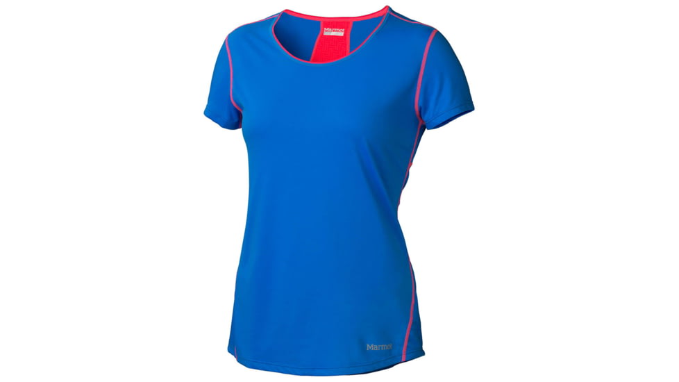 Marmot Womens Essential Short Sleeve Tee,Ceylon Blue/Bright Pink,Medium MAR0947-CLB-BP-MD