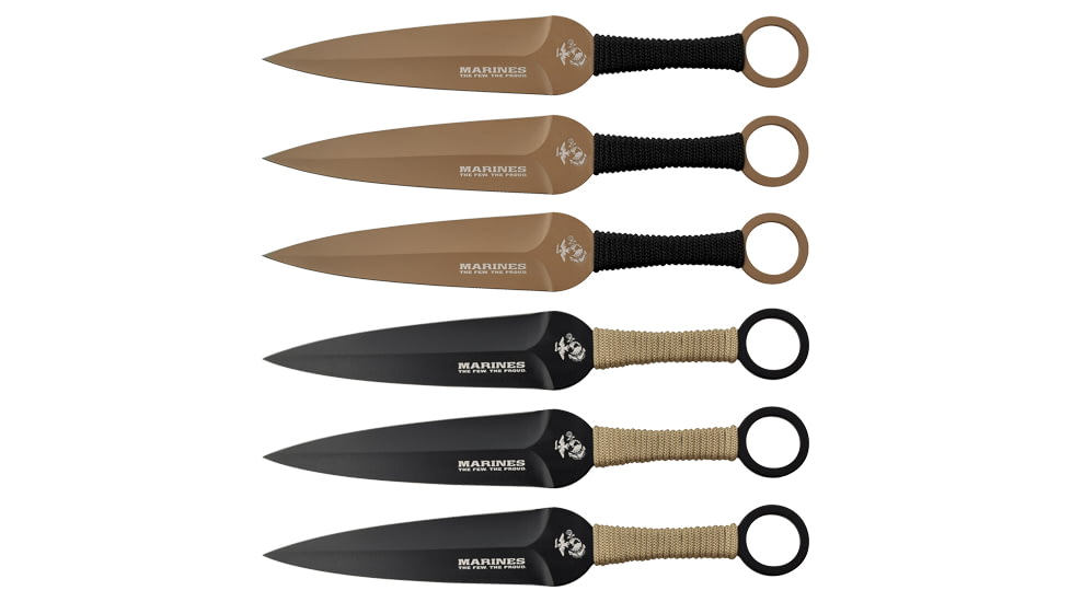USMC 6 Throwing Knife Set, 5.5 in, 3Cr13 Stainless Steel Stainless Steel, Black/Brown, M-T001-6CS