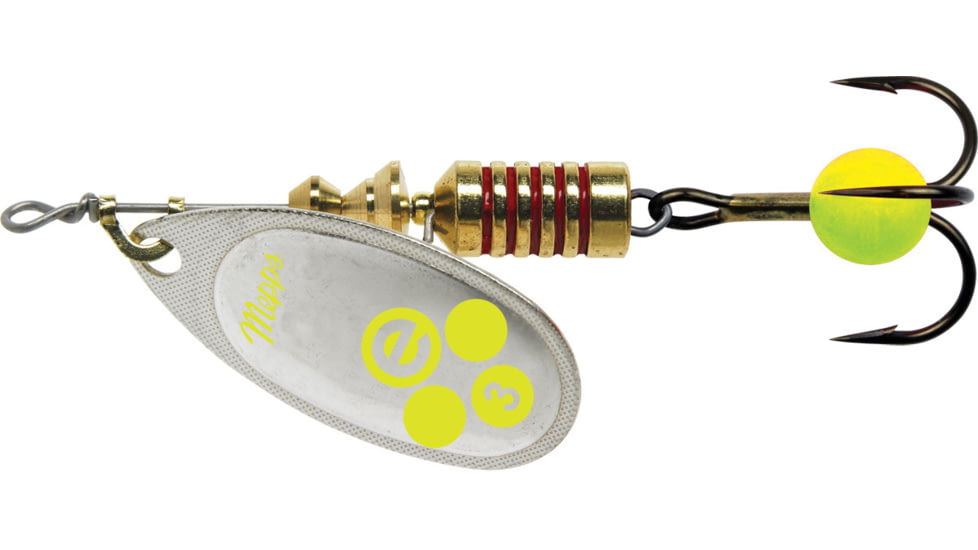 Mepps Aglia-e In-Line Spinner, 2 1/2in, 1/4 oz, Treble Hook w/Egg, Silver-Hot Chartreuse, BE3 SHC