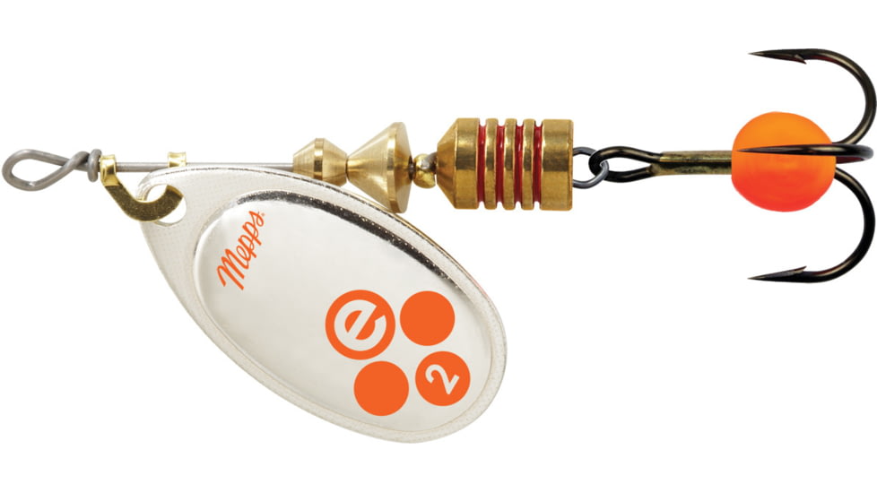 Mepps Aglia-e In-Line Spinner, 2 1/4in, 1/6 oz, Treble Hook w/Egg, Silver-Hot Orange, BE2 SHO