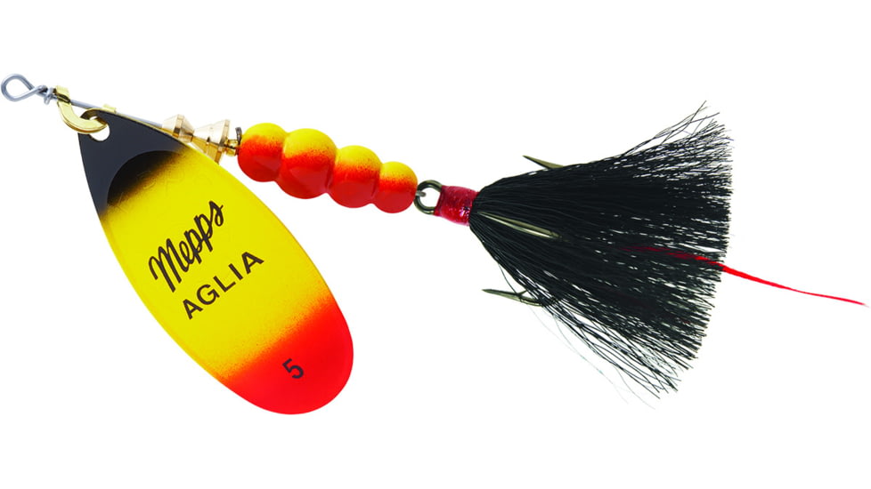 Mepps Aglia In-Line Spinner, 1/2 oz, Dressed Treble Hook, Black/Yellow/Red Blade/Black Tail, B5ST BKYR-BK
