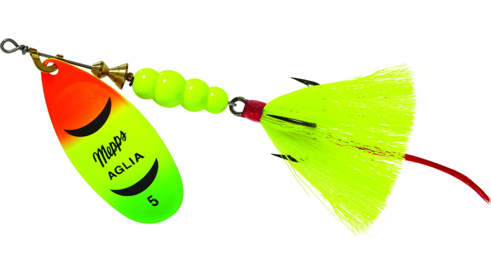 Mepps Aglia In-Line Spinner, 1/2 oz, Dressed Treble Hook, Hot Firetiger Blade &amp; Yellow Tail, B5ST HFT-Y