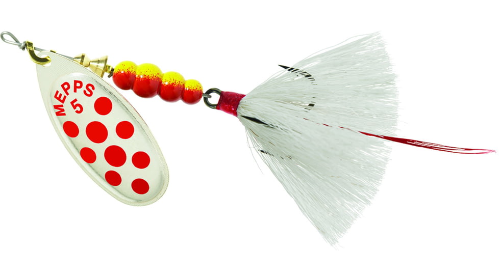 Mepps Aglia In-Line Spinner, 1/2 oz, Dressed Treble Hook, Silver/Red Dot Blade/White Tail, B5ST SRD-W