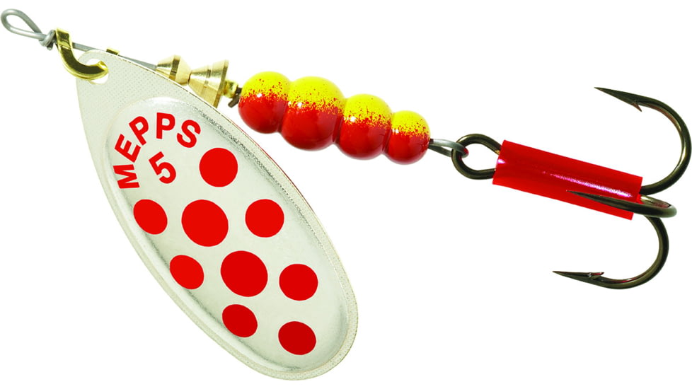 Mepps Aglia In-Line Spinner 1/2 oz, Plain Treble Hook, Silver &amp; Red Dot Blade, B5 SRD