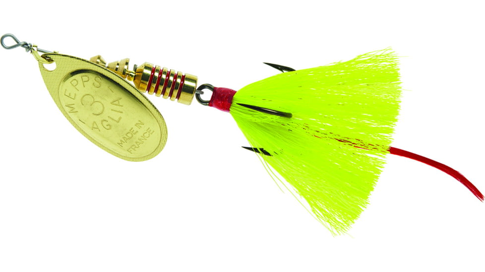 Mepps Aglia In-Line Spinner, 1/4 oz, Dressed Treble Hook, Gold Blade &amp; Yellow Tail, B3ST G-Y