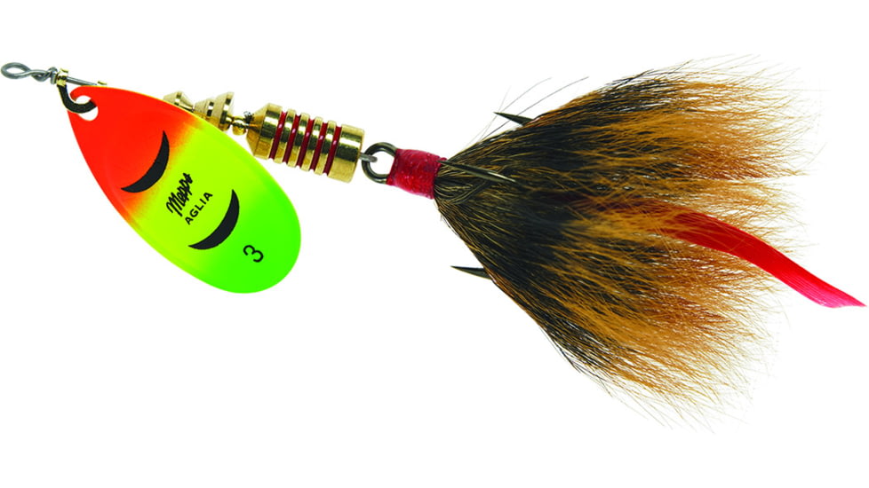 Mepps Aglia In-Line Spinner, 1/4 oz, Dressed Treble Hook, Hot Fire Tiger Blade &amp; Brown Tail, B3ST HFT-BR