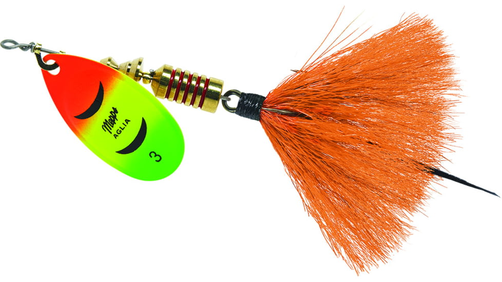 Mepps Aglia In-Line Spinner, 1/4 oz, Dressed Treble Hook, Hot Firetiger Blade &amp; Orange Tail, B3ST HFT-O