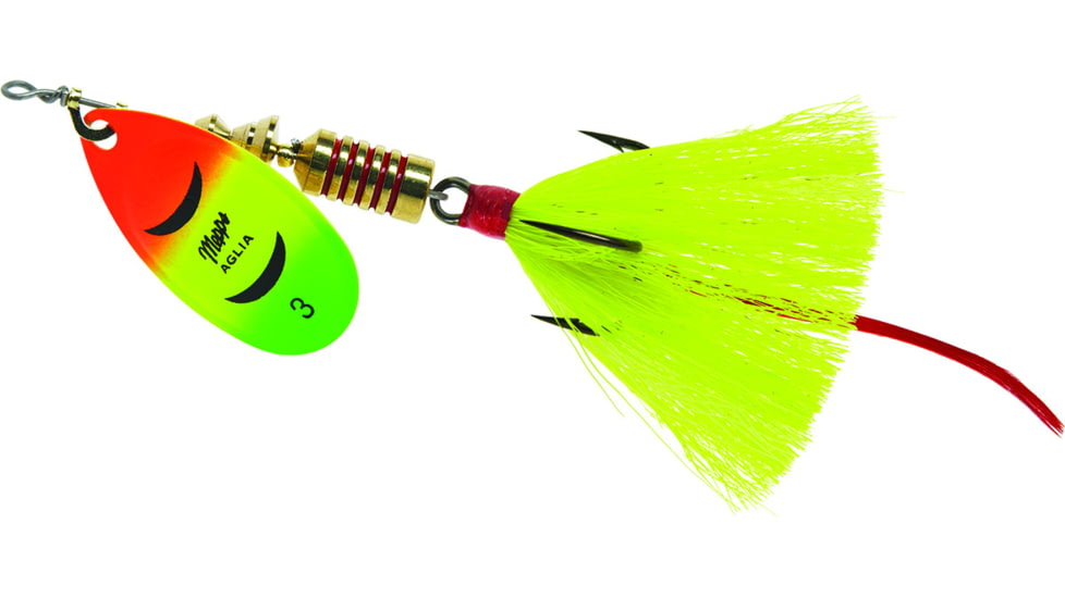Mepps Aglia In-Line Spinner, 1/4 oz, Dressed Treble Hook, Hot Firetiger Blade &amp; Yellow Tail, B3ST HFT-Y