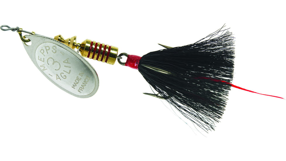 Mepps Aglia In-Line Spinner, 1/4 oz, Dressed Treble Hook, Silver Blade &amp; Black Tail, B3ST S-BK