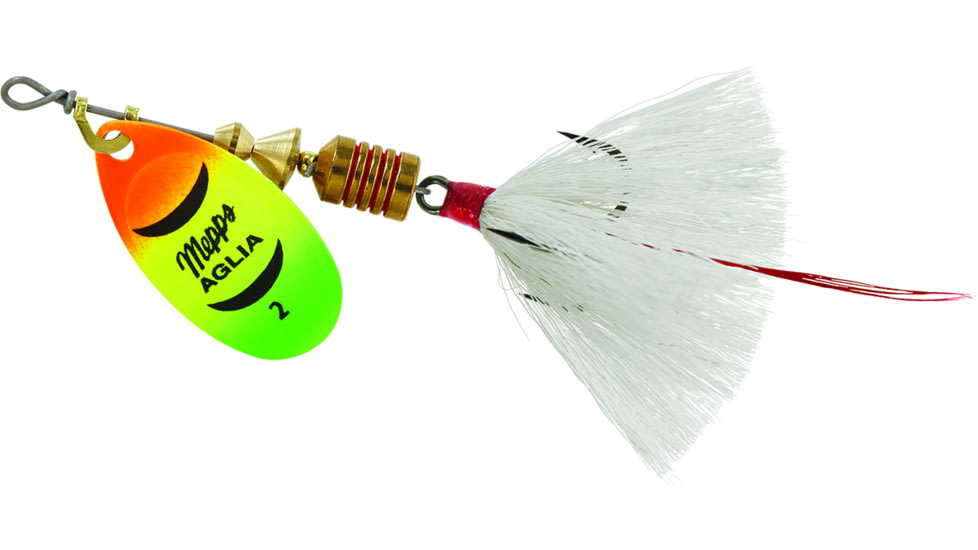 Mepps Aglia In-Line Spinner, 1/6 oz, Dressed Treble Hook, Hot Firetiger Blade &amp; White Tail, B2ST HFT-W