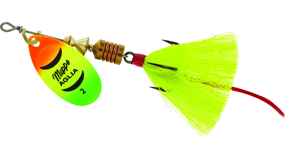 Mepps Aglia In-Line Spinner, 1/6 oz, Dressed Treble Hook, Hot Firetiger Blade &amp; Yellow Tail, B2ST HFT-Y