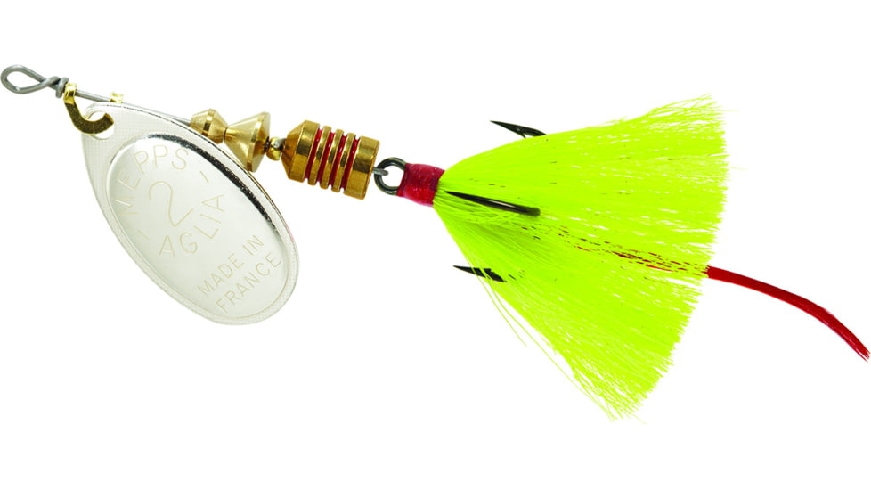 Mepps Aglia In-Line Spinner, 1/6 oz, Dressed Treble Hook, Silver Blade &amp; Yellow Tail, B2ST S-Y