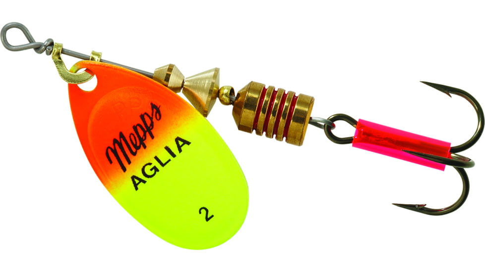 Mepps Aglia In-Line Spinner 1/6 oz, Plain Treble Hook, Hot Orange &amp; Chartreuse Blade, B2 HOC