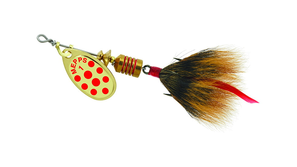 Mepps Aglia In-Line Spinner, 1/8 oz, Dressed Treble Hook, Gold/Red Dot Blade/Brown Tail, B1ST GRD-BR