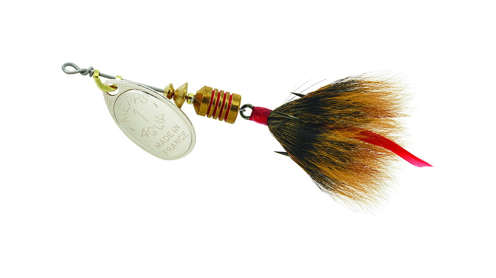 Mepps Aglia In-Line Spinner, 1/8 oz, Dressed Treble Hook, Hot Fire Tiger Blade &amp; Brown Tail, B1ST HFT-BR