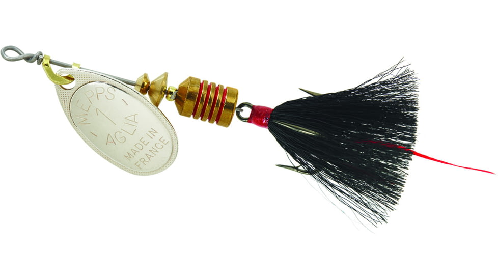 Mepps Aglia In-Line Spinner, 1/8 oz, Dressed Treble Hook, Silver Blade &amp; Black Tail, B1ST S-BK