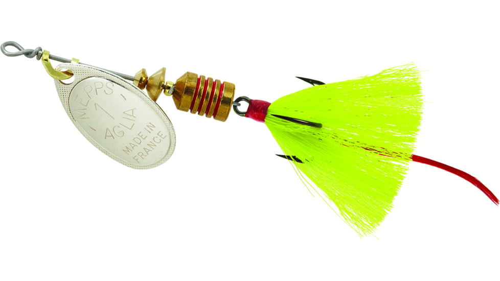 Mepps Aglia In-Line Spinner, 1/8 oz, Dressed Treble Hook, Silver Blade &amp; Yellow Tail, B1ST S-Y