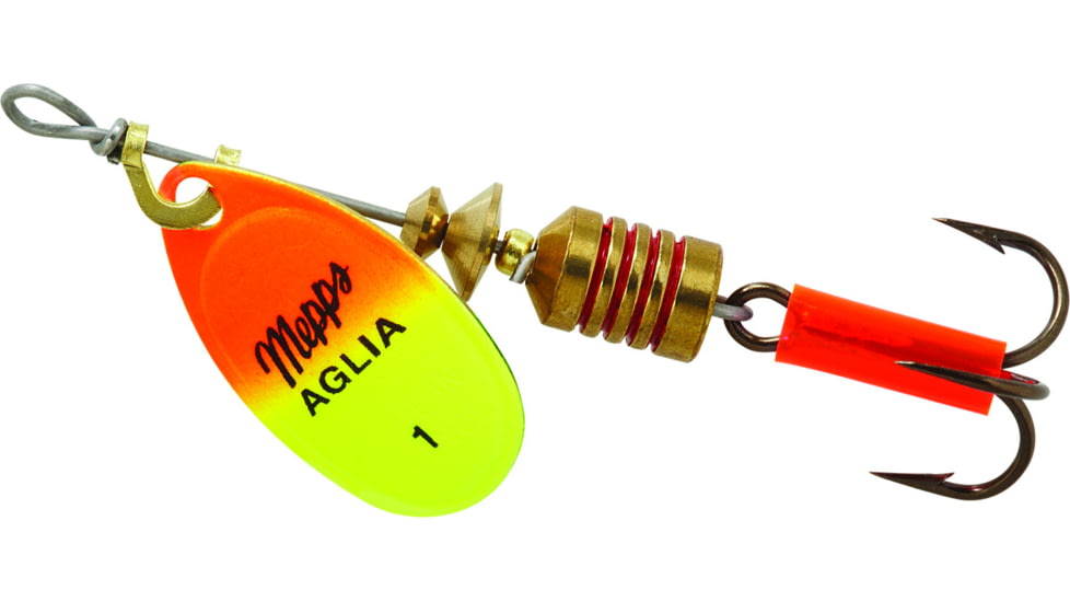 Mepps Aglia In-Line Spinner 1/8 oz, Plain Treble Hook, Hot Orange &amp; Chartreuse Blade, B1 HOC