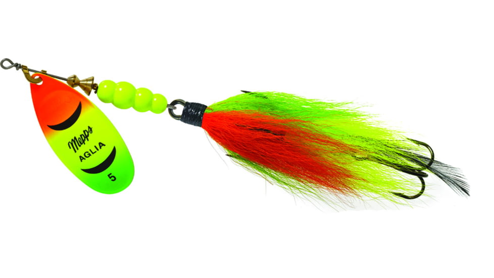 Mepps Aglia Tandem In-Line Bucktail Spinner, 6in, 7/8 oz, Treble Hook, Hot Firetiger Blade with Firetiger Tail, BT5 HFT-FT