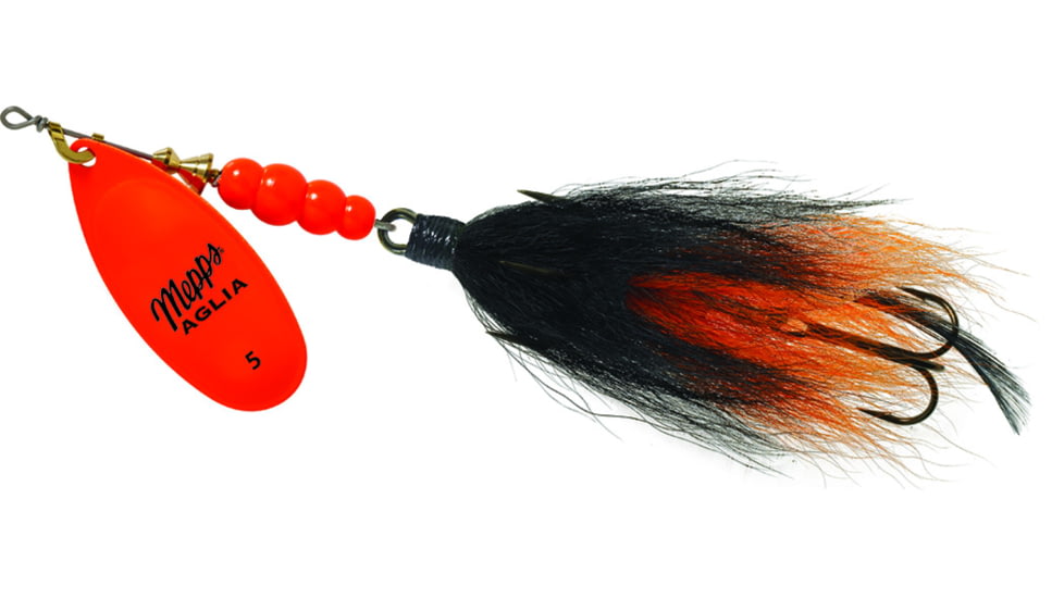 Mepps Aglia Tandem In-Line Bucktail Spinner, 6in, 7/8 oz, Treble Hook, Hot Orange Blade with Black &amp; Orange Tail, BT5 HO-BO