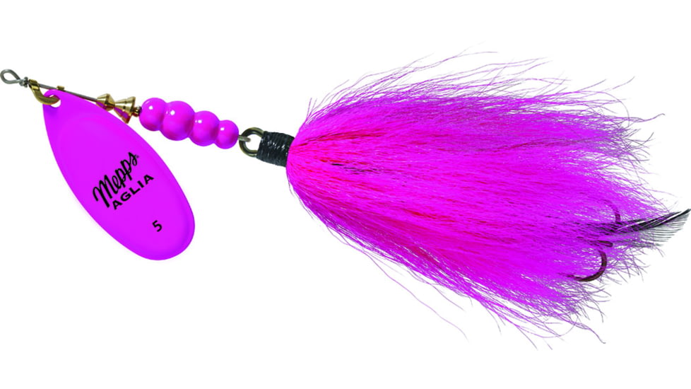 Mepps Aglia Tandem In-Line Bucktail Spinner, 6in, 7/8 oz, Treble Hook, Hot Pink Blade with Pink Tail, BT5 HP-PK
