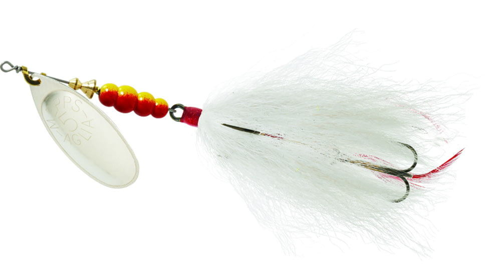 Mepps Aglia Tandem In-Line Bucktail Spinner, 6in, 7/8 oz Treble Hook, Silver Blade with White Tail, BT5 S-W