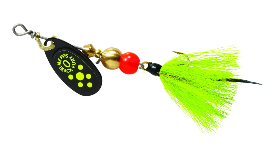 Mepps Black Fury In-Line Spinner, 1/12 oz, Dressed Treble Hook, Chartreuse Dot Blade with Gray &amp; Chartreuse Tail, BF0T CH