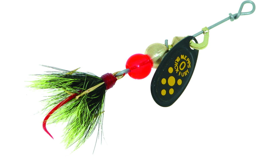 Mepps Black Fury In-Line Spinner, 1/12 oz, Dressed Treble Hook, Yellow Dot Blade with Gray &amp; Yellow Tail, BF0T Y