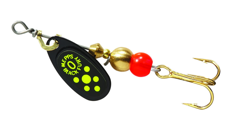Mepps Black Fury In-Line Spinner, 1/12 oz, Plain Treble Hook Black with Chartreuse Dots, BF0 CH