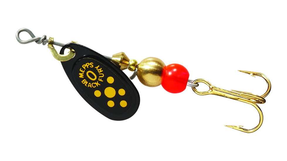 Mepps Black Fury In-Line Spinner, 1/12 oz, Plain Treble Hook Black with Yellow Dots, BF0 Y