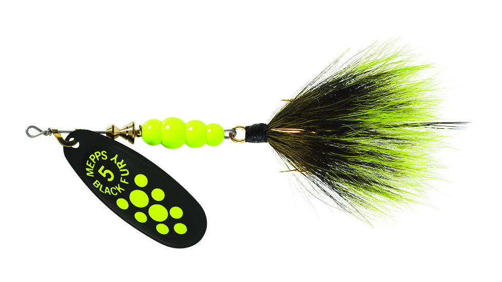 Mepps Black Fury In-Line Spinner, 1/2 oz, Dressed Treble Hook, Chartreuse Dot Blade with Gray &amp; Chartreuse Tail, BF5T CH