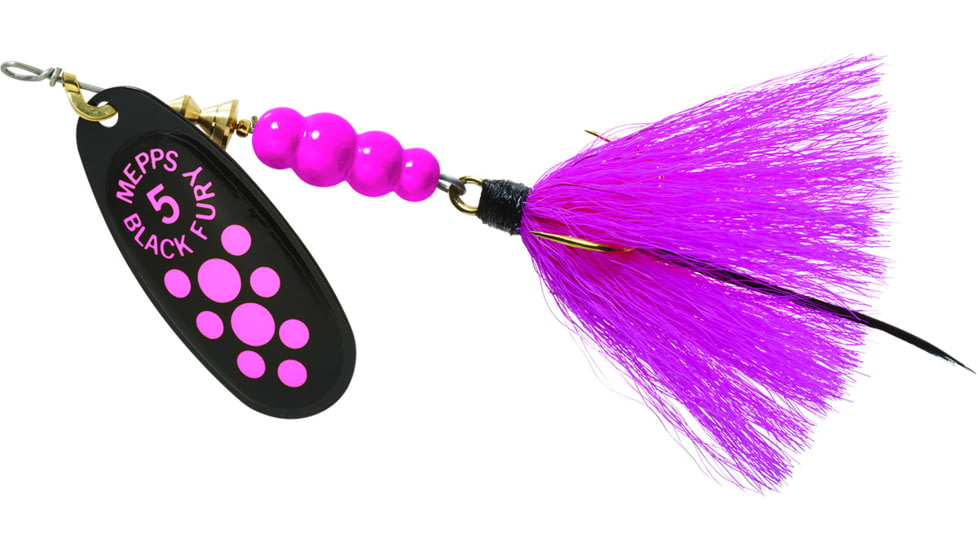 Mepps Black Fury In-Line Spinner, 1/2 oz, Dressed Treble Hook, Pink Dot Blade with Pink Tail, BF5T PK
