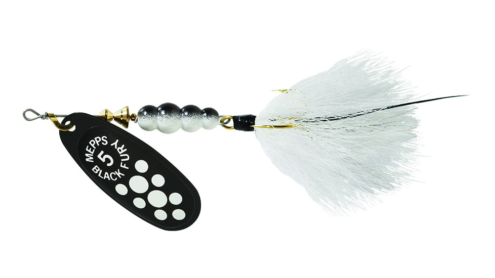 Mepps Black Fury In-Line Spinner, 1/2 oz, Dressed Treble Hook, White Dot Blade with White Tail, BF5T W