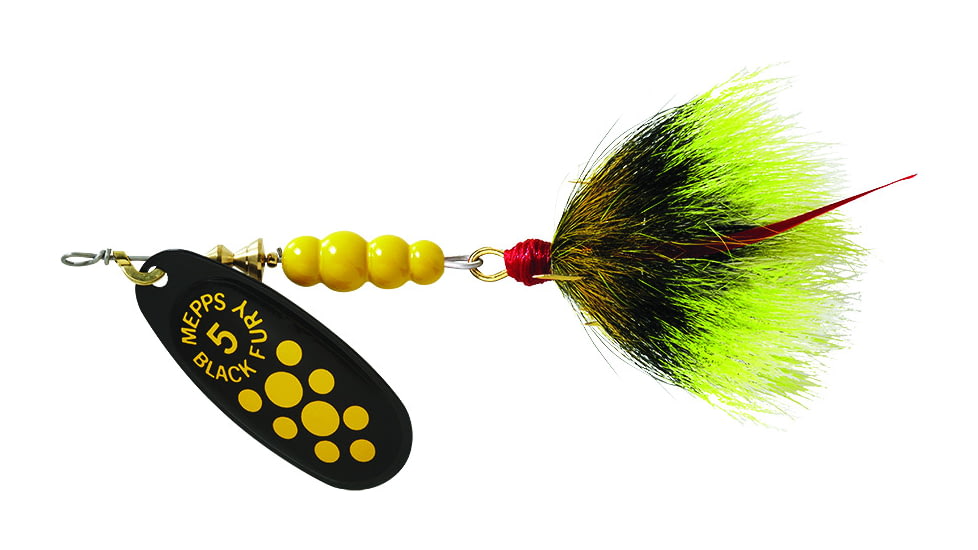 Mepps Black Fury In-Line Spinner, 1/2 oz, Dressed Treble Hook, Yellow Dot Blade with Gray &amp; Yellow Tail, BF5T Y