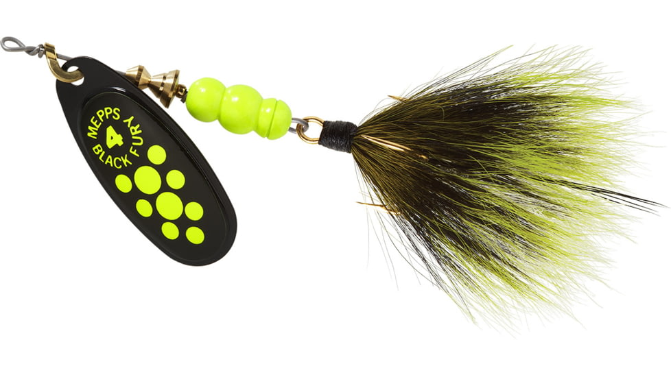 Mepps Black Fury In-Line Spinner, 1/3 oz, Dressed Treble Hook, Chartreuse Dot Blade with Gray &amp; Chartreuse Tail, BF4T CH