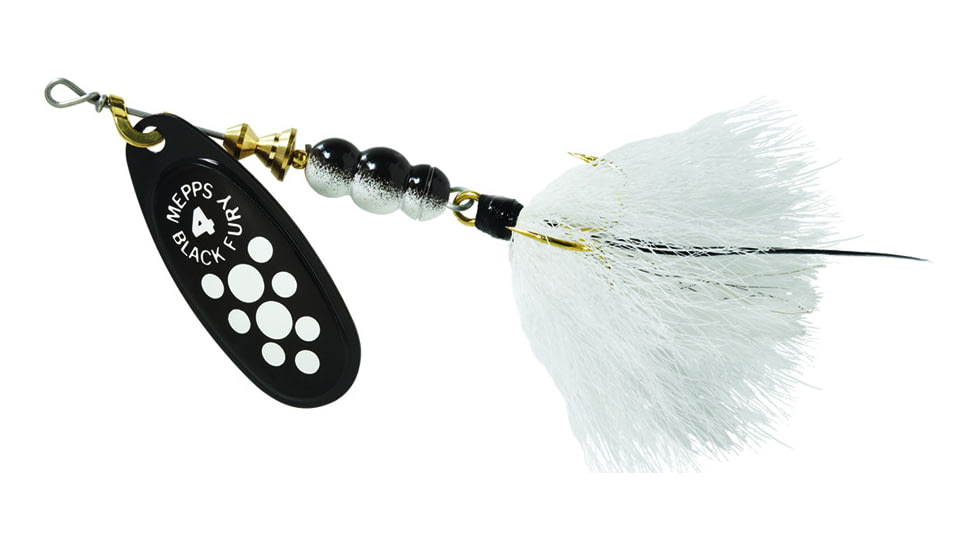 Mepps Black Fury In-Line Spinner, 1/3 oz, Dressed Treble Hook, White Dot Blade with White Tail, BF4T W