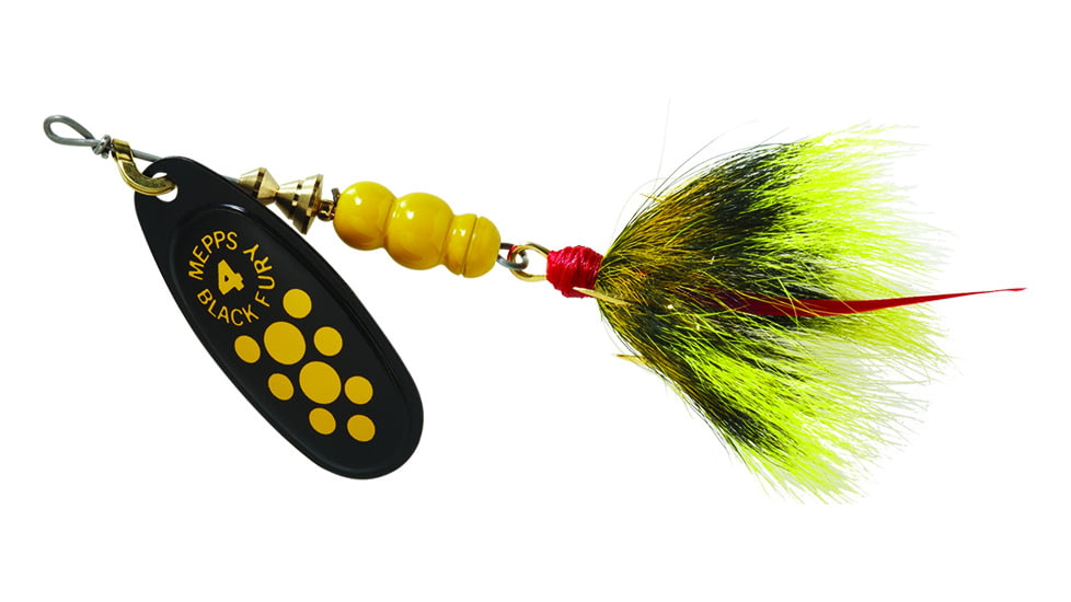 Mepps Black Fury In-Line Spinner, 1/3 oz, Dressed Treble Hook, Yellow Dot Blade with Gray &amp; Yellow Tail, BF4T Y