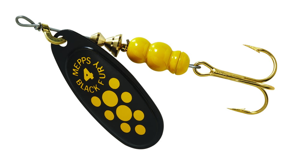 Mepps Black Fury In-Line Spinner, 1/3 oz, Plain Treble Hook Black with Yellow Dots, BF4 Y