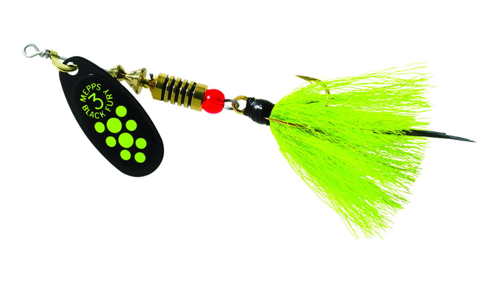 Mepps Black Fury In-Line Spinner, 1/4 oz, Dressed Treble Hook, Chartreuse Dot Blade with Gray &amp; Chartreuse Tail, BF3T CH