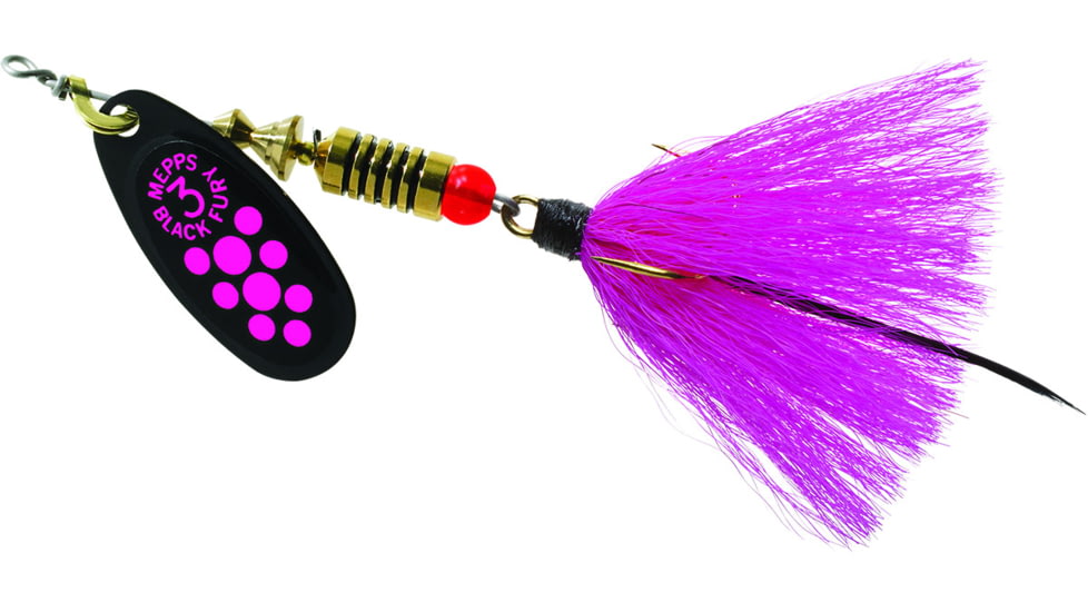 Mepps Black Fury In-Line Spinner, 1/4 oz, Dressed Treble Hook, Pink Dot Blade with Pink Tail, BF3T PK