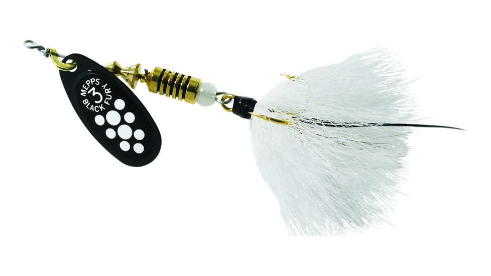 Mepps Black Fury In-Line Spinner, 1/4 oz, Dressed Treble Hook, White Dot Blade with White Tail, BF3T W