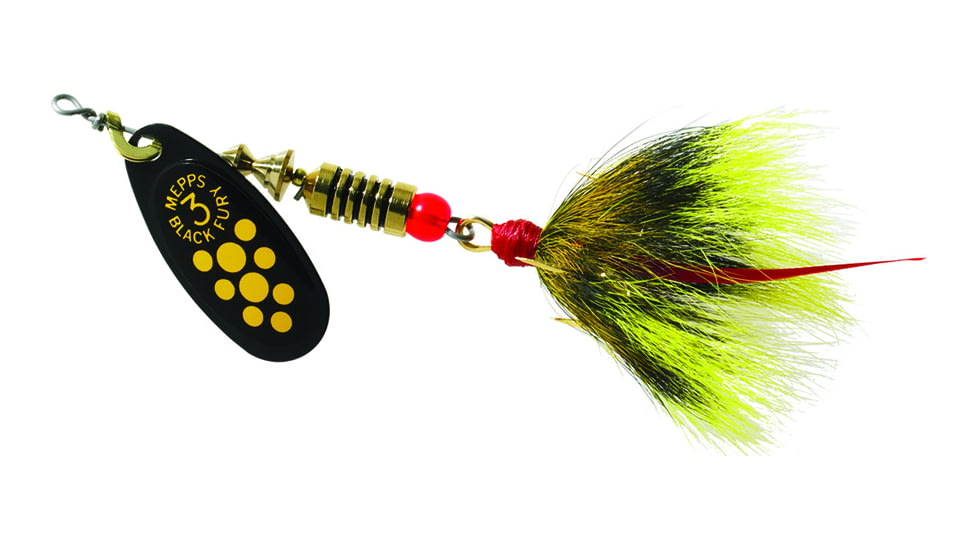 Mepps Black Fury In-Line Spinner, 1/4 oz, Dressed Treble Hook, Yellow Dot Blade with Gray &amp; Yellow Tail, BF3T Y